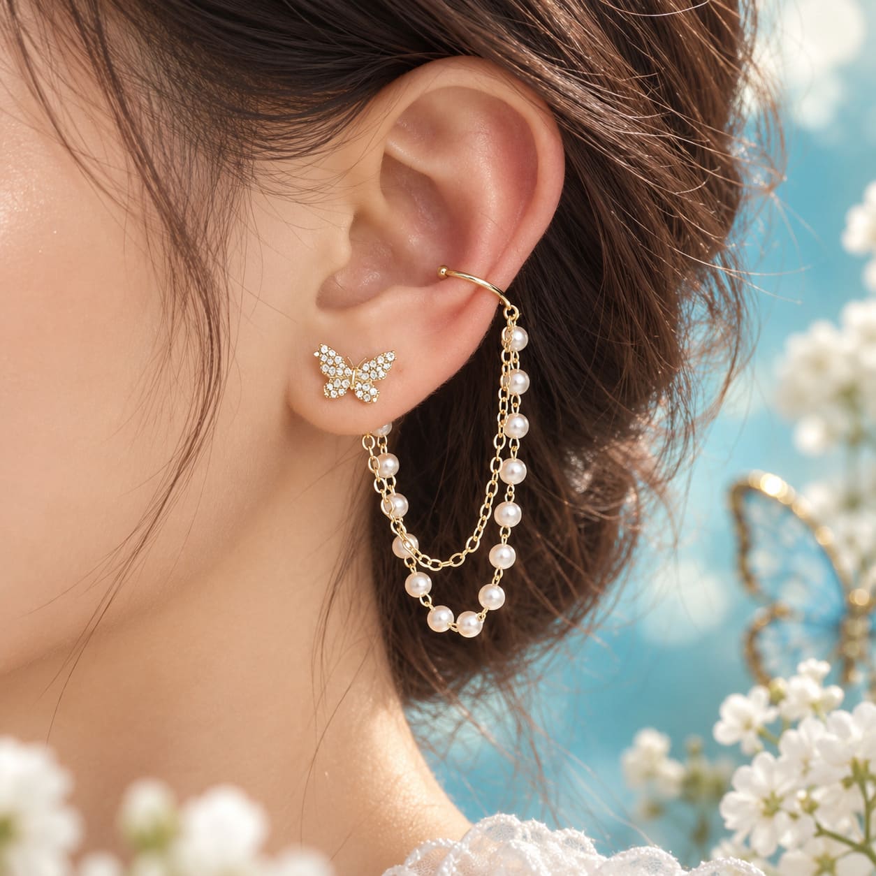 Boucle d'Oreille Papillon Chaine de Perles